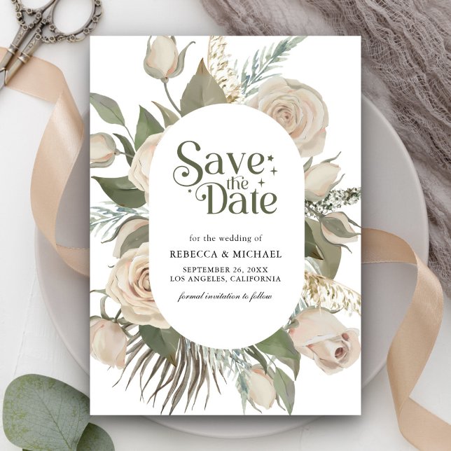 Rustikale Boho Elfenbein-Rose feiern Grüne Hochzei Save The Date (Von Creator hochgeladen)