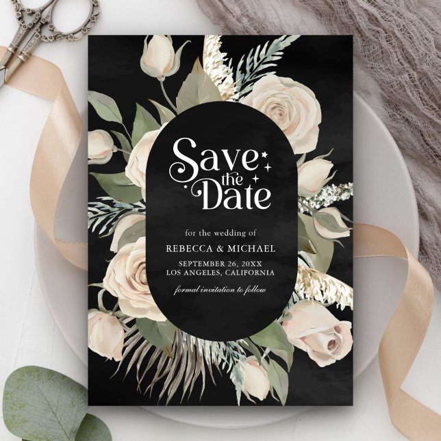 Rustikale Boho Elfenbein-Rose sagen Black Wedding Save The Date (Von Creator hochgeladen)