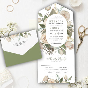 Rustikale Boho Elfenbein Rosen Salbeigrüne Blätter All In One Einladung