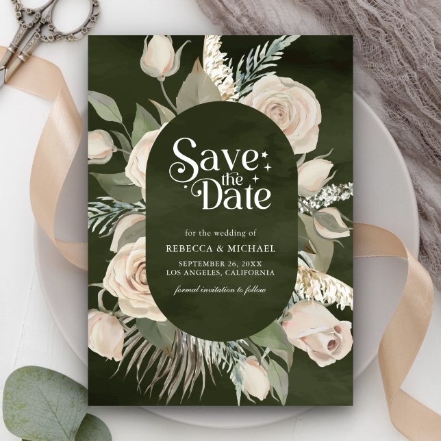 Rustikale Boho-Elfenbeinrosen Dunkle Salbei-Hochze Save The Date (Von Creator hochgeladen)