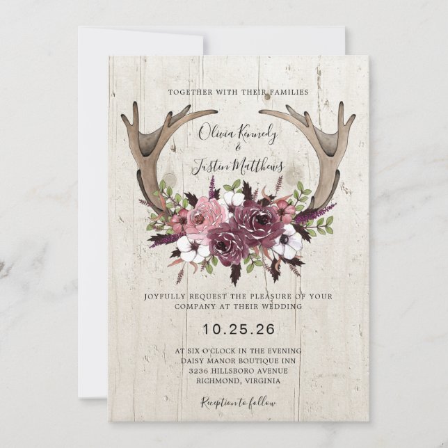 Rustikale Boho Floral Antlers Wood Wedding Einladung (Vorderseite)