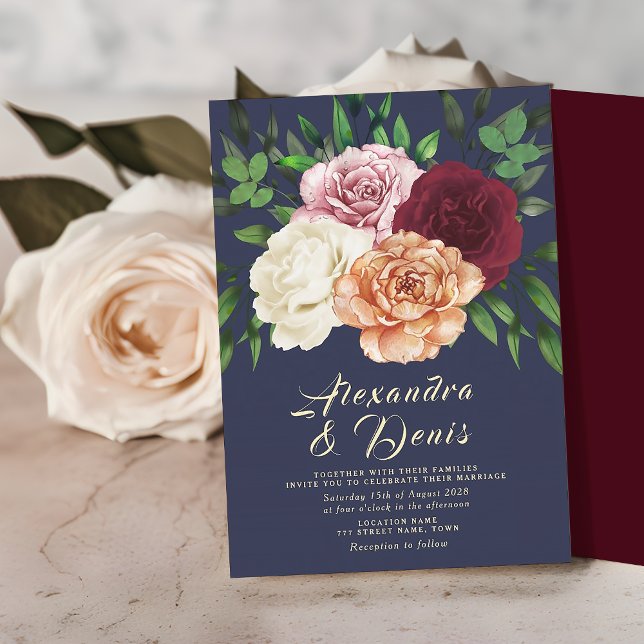 Rustikale Boho Floral Burgundy und Navy Blue Weddi Einladung (Von Creator hochgeladen)
