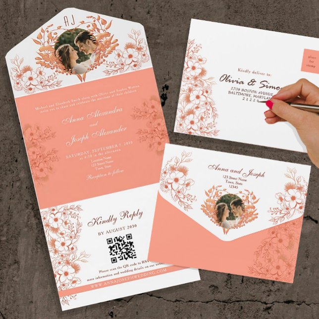 Rustikale Boho Floral Coral Wedding All In One Einladung (Von Creator hochgeladen)