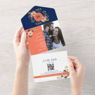 Rustikale Boho Floral Navy und Coral Wedding All In One Einladung