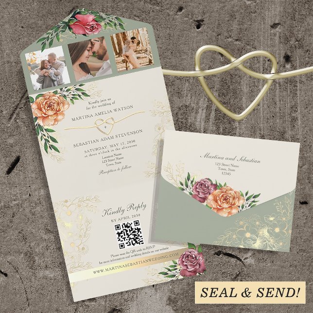 Rustikale Boho Floral Peach and Sage Green Wedding All In One Einladung (Von Creator hochgeladen)