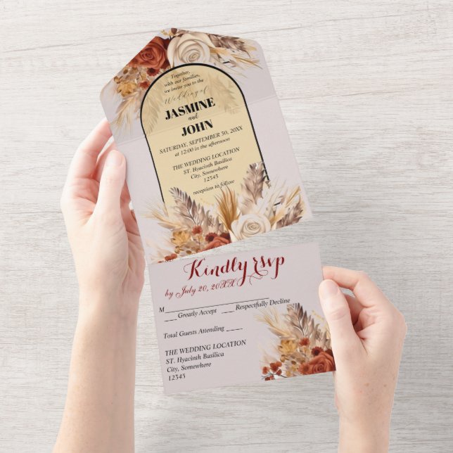 Rustikale Boho Herbst-Blume in einer Hochzeitkarte All In One Einladung (Abreißtisch)