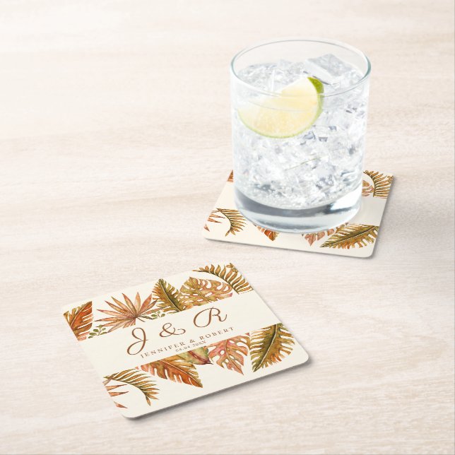 Rustikale Boho Herbst-Foliage-Monogramm-Hochzeit Rechteckiger Pappuntersetzer (Vor Ort)