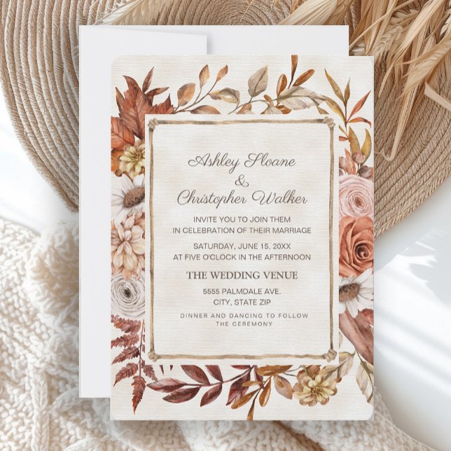 Rustikale Boho Herbst Herbstwoche Einladung (Rustic brown leaves and blush pink floral fall/autumn wedding invitation)