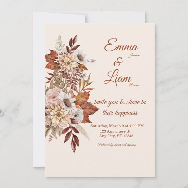Rustikale Boho-Hochzeitseinladung | Beige Blumenka Einladung (Vorderseite)