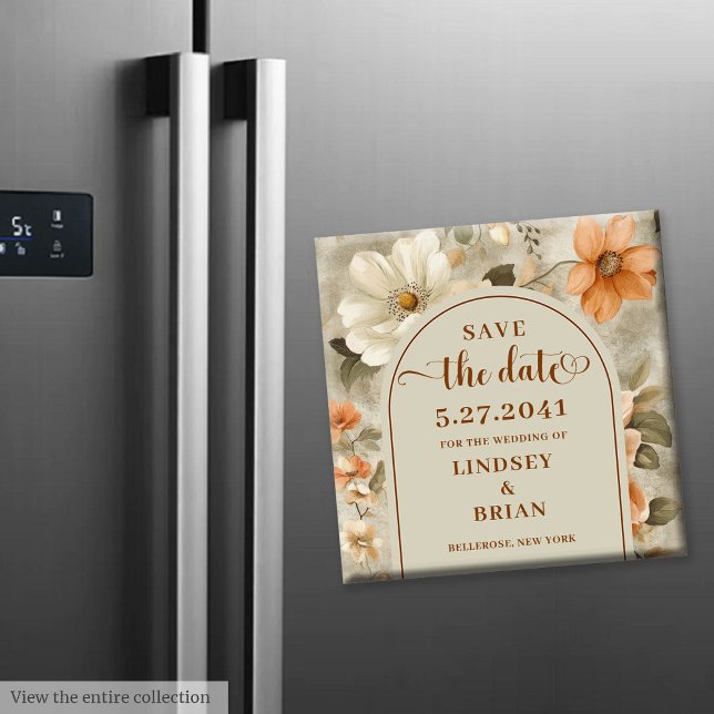 Rustikale Boho-Hochzeitseinladung in verbranntem O Magnet (Rustic Boho Burnt Orange Ivory Olive Save the Date)