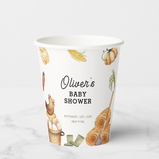 Rustikale Boho KinderBaby-Dusche auf der Bauernhöf Pappbecher (Vorderseite)