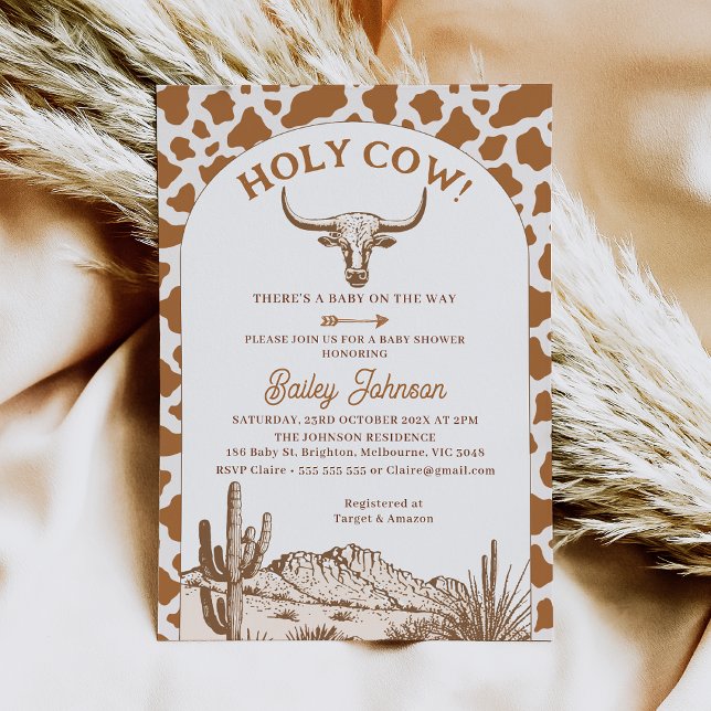 Rustikale Boho Kuh Print Holy Cow Baby Dusche Einladung (Holy Cow Baby Shower Invitation, Brown Cow Print, Western Desert, Longhorn Cow, Cow Themed Shower)
