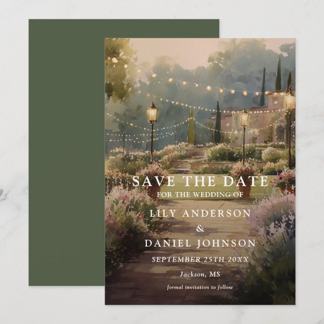 Rustikale Boho-Landgarten-Lichterketten-Hochzeit Save The Date (Vorne/Hinten)