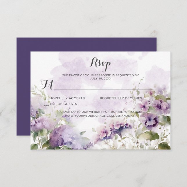 Rustikale Boho Lavender Lila Blumenhochzeit RSVP Karte (Vorne/Hinten)