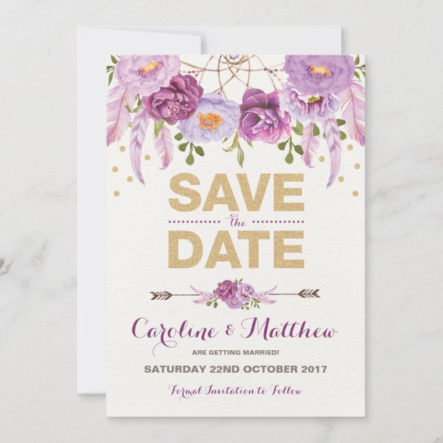 Rustikale Boho Lila Gold Floral Save the Date Kart (Vorderseite)