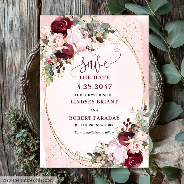 Rustikale Boho-Merlot-Rosa-Goldblumen Save the Dat Einladung (Rustic Boho Merlot Blush Gold Flowers Save Date)