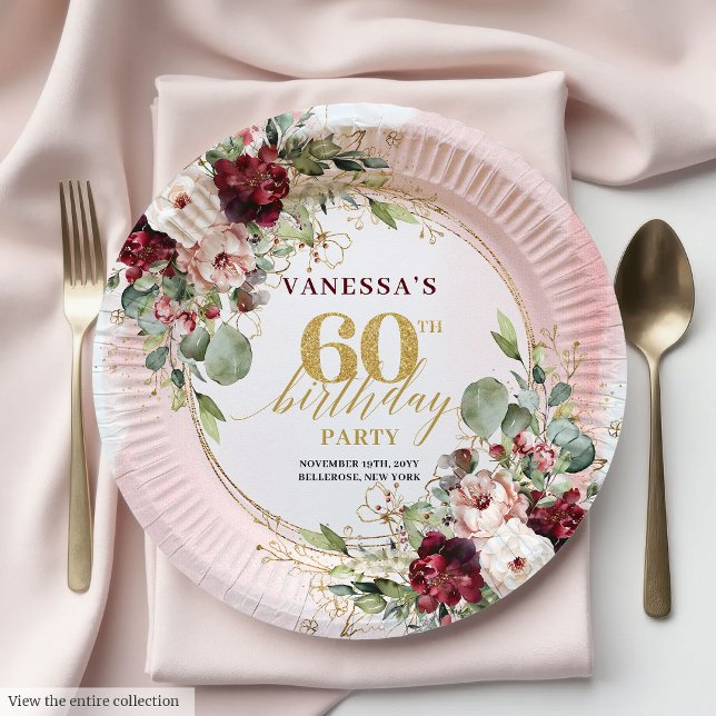 Rustikale Boho Merlot-Rosa Goldene Blumen Papier T Pappteller (Rustic Boho Merlot Blush Gold Floral Paper Plates

)