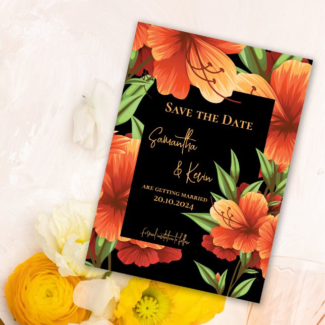 Rustikale Boho Orange Blumenhochzeit retten das Da (Pretty Orange Floral Wedding Save The Date Invitation)