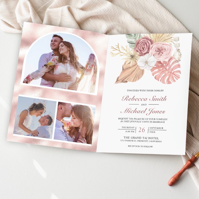 Rustikale Boho-Palm-Rosa-Rosen QR-Code-Hochzeit Einladung (Von Creator hochgeladen)