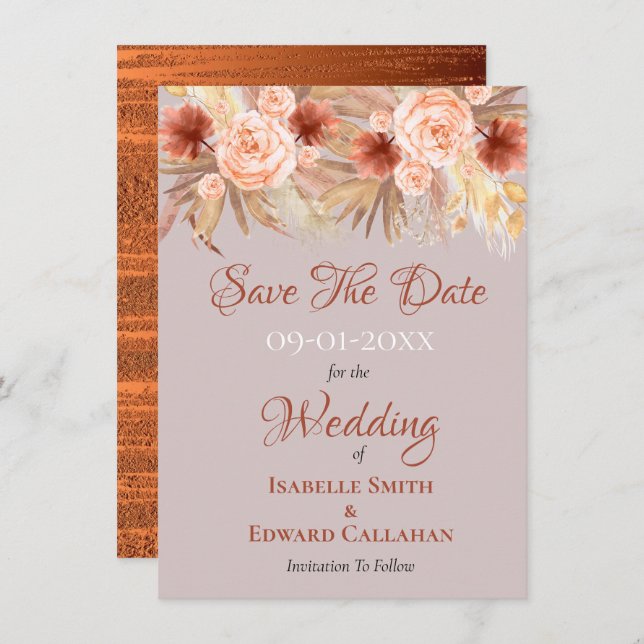 Rustikale Boho Pampas Grass & Copper Hochzeit Save The Date (Vorne/Hinten)