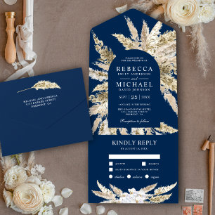 Rustikale Boho Pampas Grass Navy Blue Arch Wedding All In One Einladung