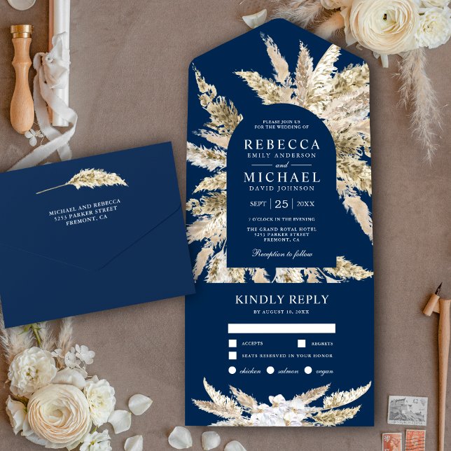 Rustikale Boho Pampas Grass Navy Blue Arch Wedding All In One Einladung (Von Creator hochgeladen)