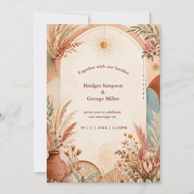 Rustikale Boho-Pampas-Wildblumen-Hochzeit Einladung (Vorderseite)