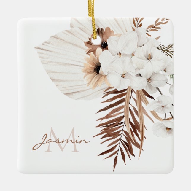 Rustikale Boho-Pampasgras-Blumenmonogramm Keramikornament (Vorderseite)