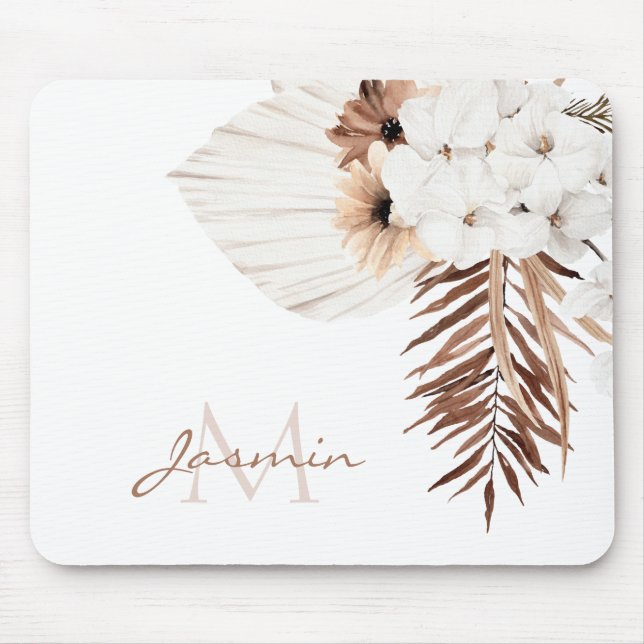 Rustikale Boho-Pampasgras-Blumenmonogramm Mousepad (Vorne)