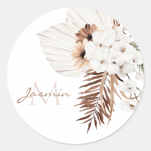 Rustikale Boho Pampasgras Blumenmonogramm Runder Aufkleber (Vorderseite)