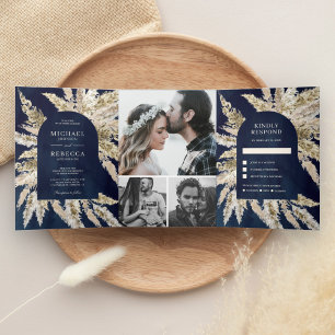 Rustikale Boho Pampasgras Navy Blau Bogen Hochzeit Dreifach Gefaltete Einladung