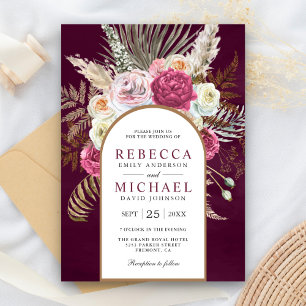 Rustikale Boho-Pflaume Floralbogen-Hochzeit Einladung