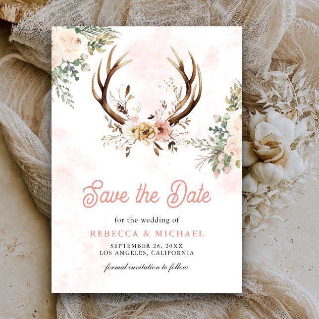 Rustikale Boho Pink Floral Antler Hochzeit Save The Date (Von Creator hochgeladen)