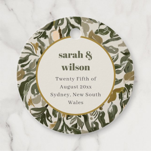 Rustikale Boho Retro Arch Grüne Botanische Hochzei Geschenkanhänger (Vorderseite)