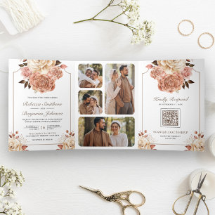 Rustikale Boho-Roségold-Elfenbein-Blumen-Hochzeit Dreifach Gefaltete Einladung