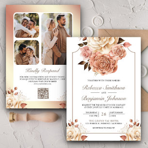 Rustikale Boho-Roségold-Elfenbein-Blumen-Hochzeit Einladung