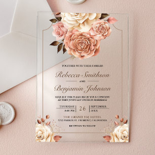 Rustikale Boho-Roségold-Elfenbein-Hochzeit Blumen Acryleinladungen