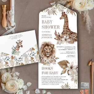 Rustikale Boho-Safari-Löwen- und Giraffen-Baby-Par All In One Einladung