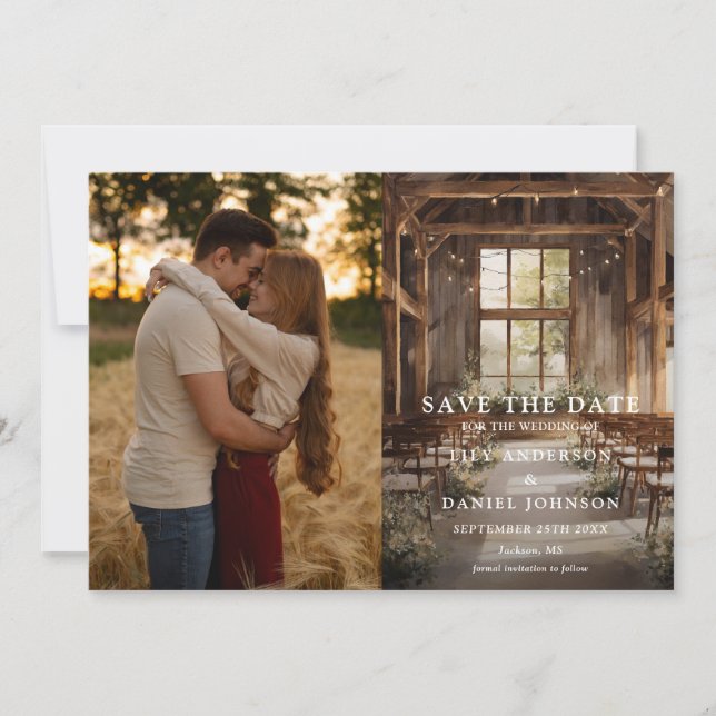 Rustikale Boho-Scheunen-Lichterketten Hochzeitsfot Save The Date (Vorderseite)