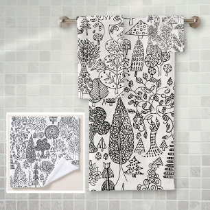 Rustikale Boho Schwarz-Weiß-Baum-Muster Badhandtuch Set