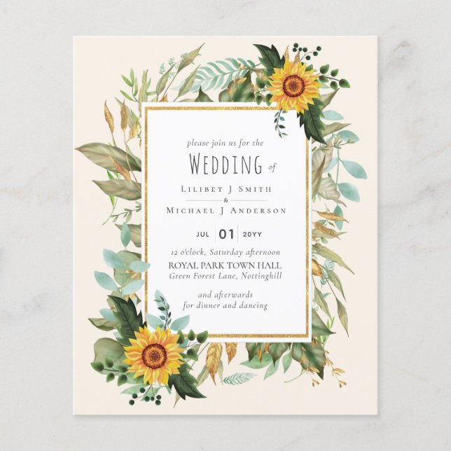 Rustikale BOHO Sonnenblumen Grüne Hochzeit Flyer (Vorne)