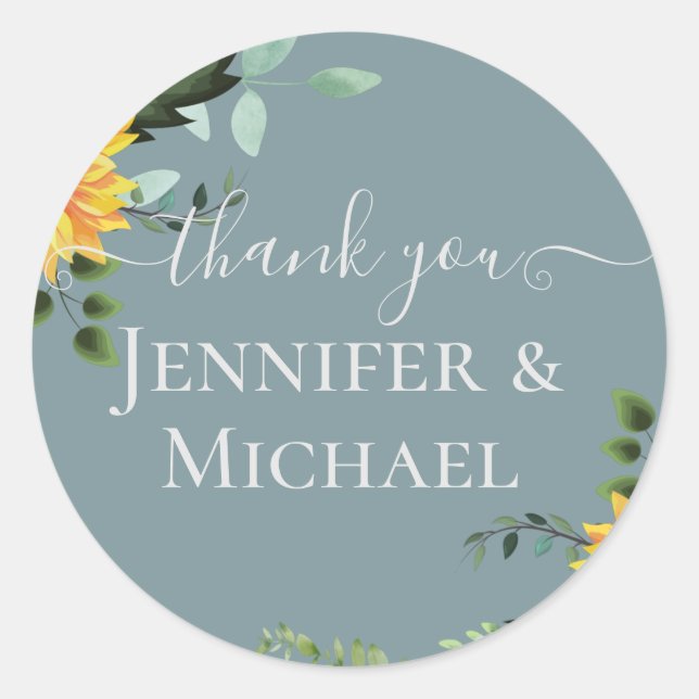 Rustikale BOHO Sonnenblumen Grüne Hochzeit Runder Aufkleber (Vorderseite)