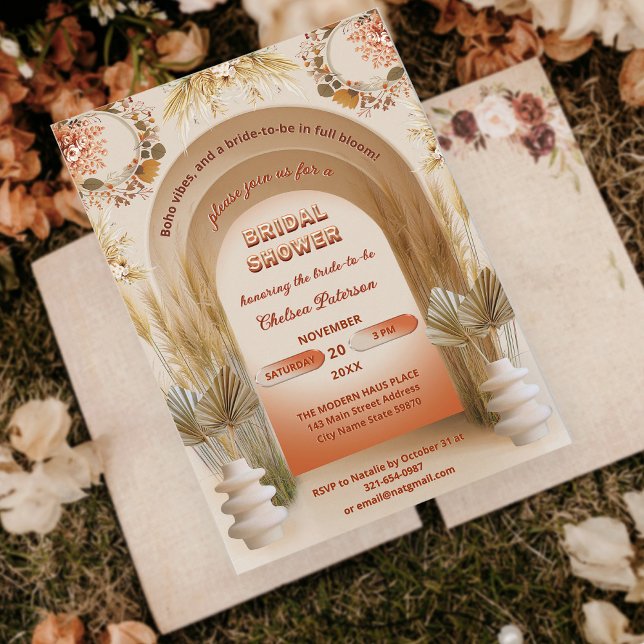 Rustikale Boho-Terrakotta-Pampas-Blumen-Brautparty Einladung (Von Creator hochgeladen)