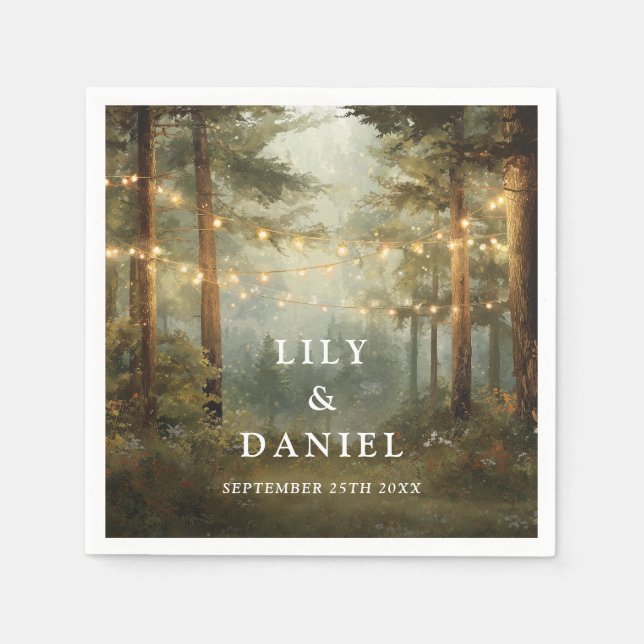 Rustikale Boho-Wald-Lichterketten-Foto-Hochzeit Serviette (Vorderseite)