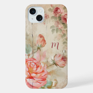 Rustikale Boho-Wasserfarbe Antike Rosen mit Monogr iPhone 15 Plus Hülle