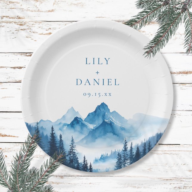 Rustikale Boho Wasserfarbe Blaue Berge Hochzeit Pappteller (Rustic Boho Watercolor Blue Mountains Wedding Paper Plates)