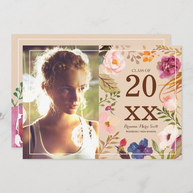 Rustikale Boho Watercor Blume Foto Grad Party Einladung (Vorne/Hinten)