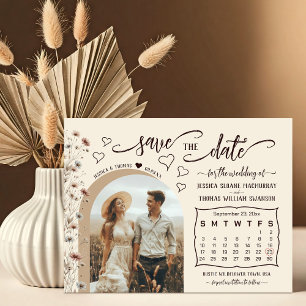 Rustikale Boho-Wildblumen-Foto- & Kalender-Hochzei Save The Date