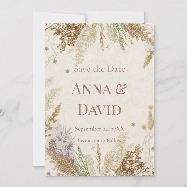 Rustikale Boho-Winter-Save-the-Date-Karte mit Pamp Einladung (Vorderseite)