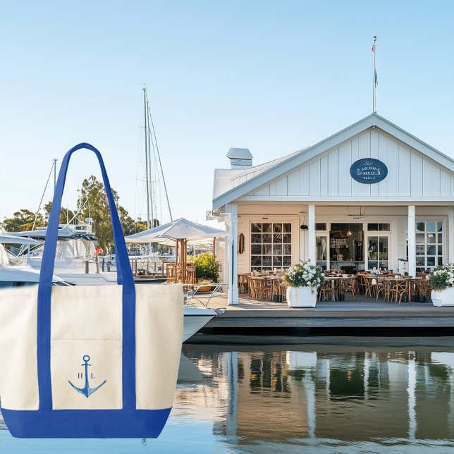 Rustikale Bootanchor Mit Monogramm Kontrast Trim T Tragetasche (blue boat anchor monogrammed contrast trim tote bag)